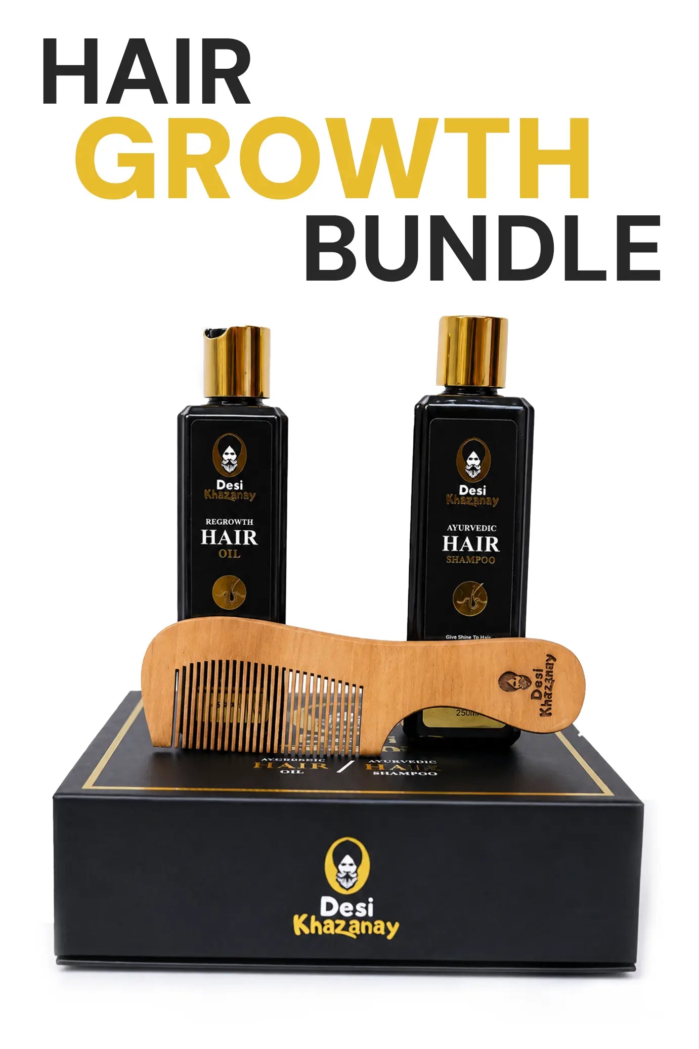 Desi Khazanay hair growth bundle with shampoo, oil, and comb on a white background