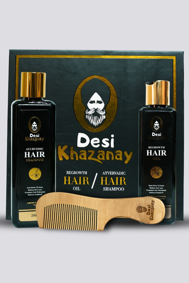 Desi Khazanay hair growth bundle with shampoo, oil, and comb on a white background